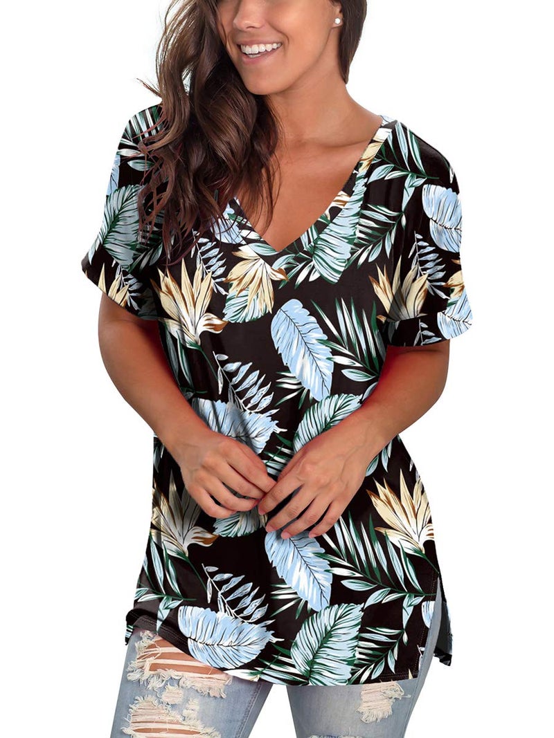 SAMPEEL Womens Tops for Work Unique Shirts Color Block Ladies Black V Neck Shirt Floral L - Image 3